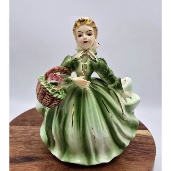 Vintage Lady Planter Green Dress Ceramic Figurine ~ Cottage Mothers Day - Picture 1 of 16